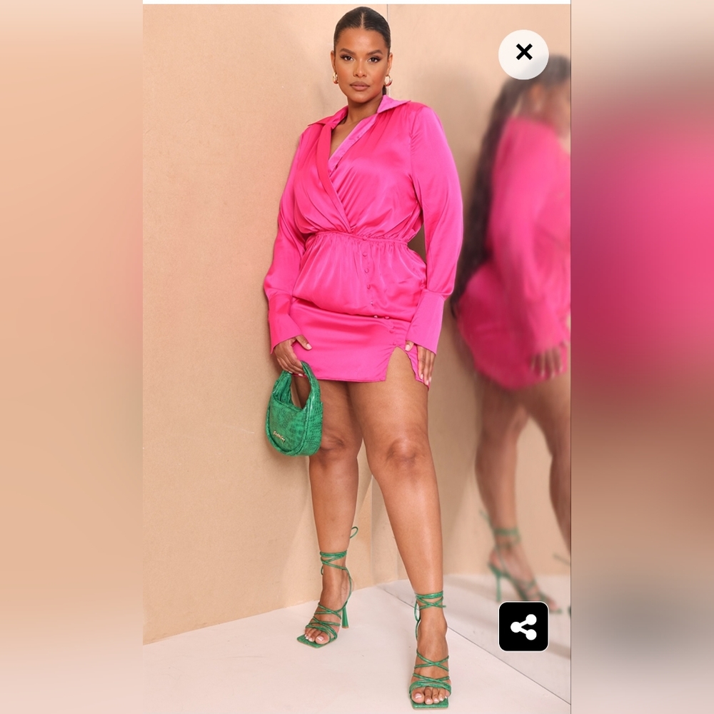 Pretty Little Thing Plus Fuschia Satin Wrap Front Dress Size 12